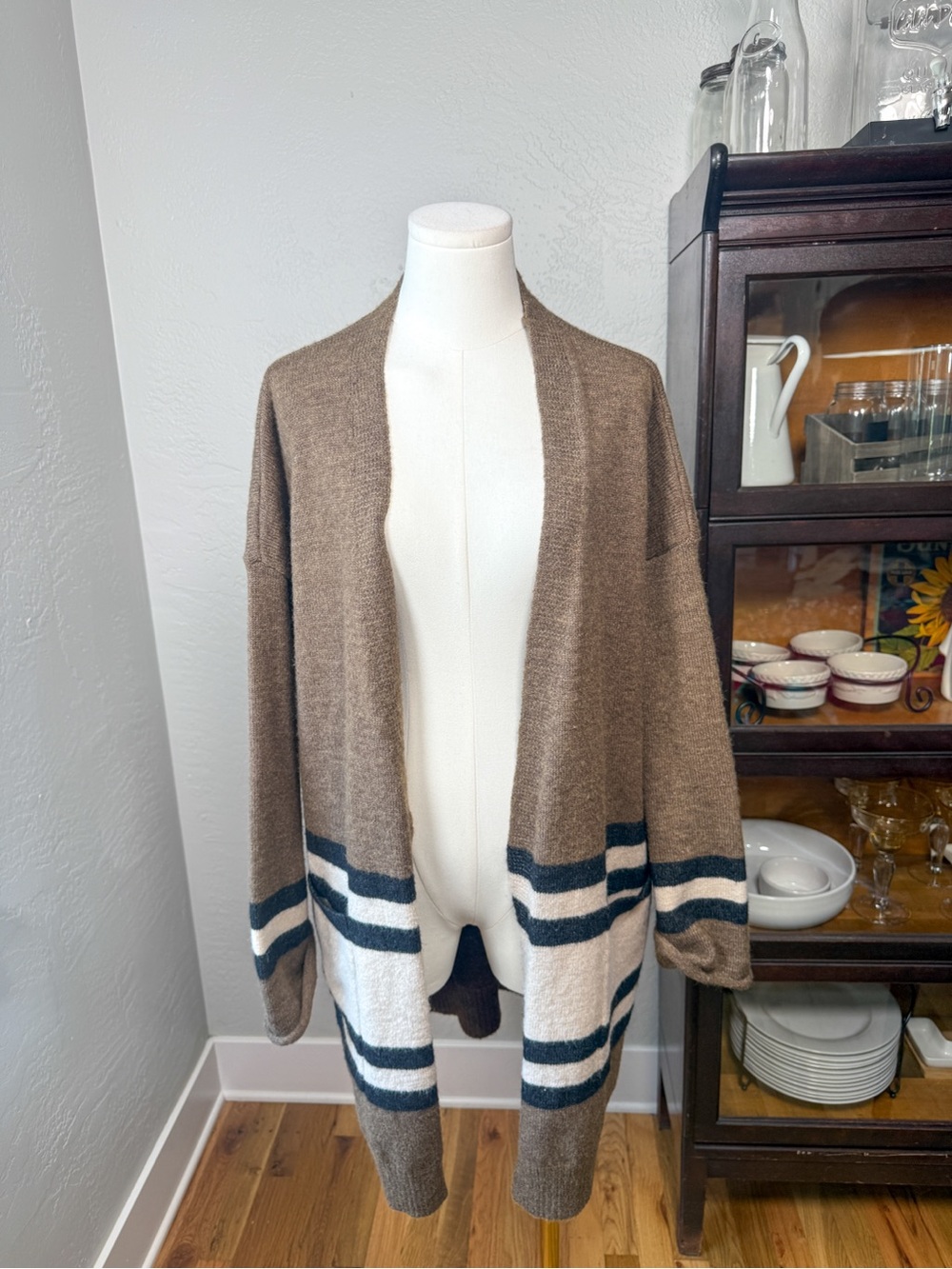 LUSH Oversized Longline Cardigan Coffee Cream Black Stripe Open Front Size M